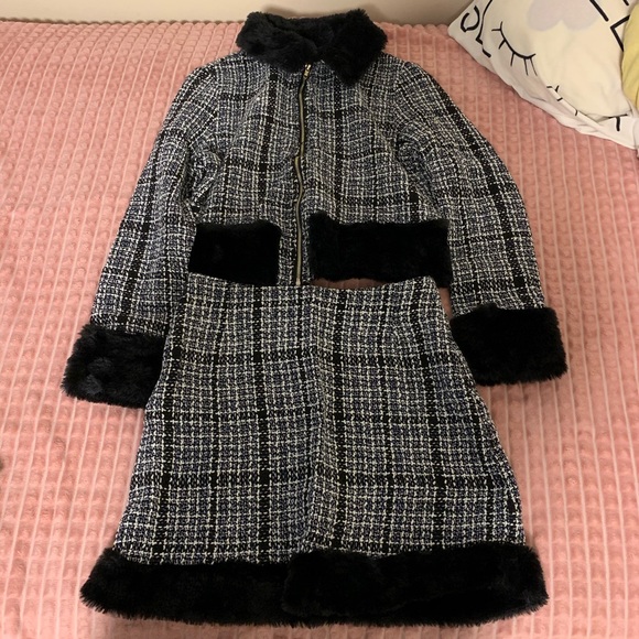 Faux fur plaid coat & skirt set - Picture 4 of 5
